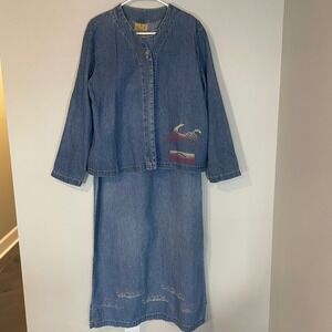 Blue Cactus Denim Maxi Dress Jacket Set Southwestern Women's Size M Aztec Tribal